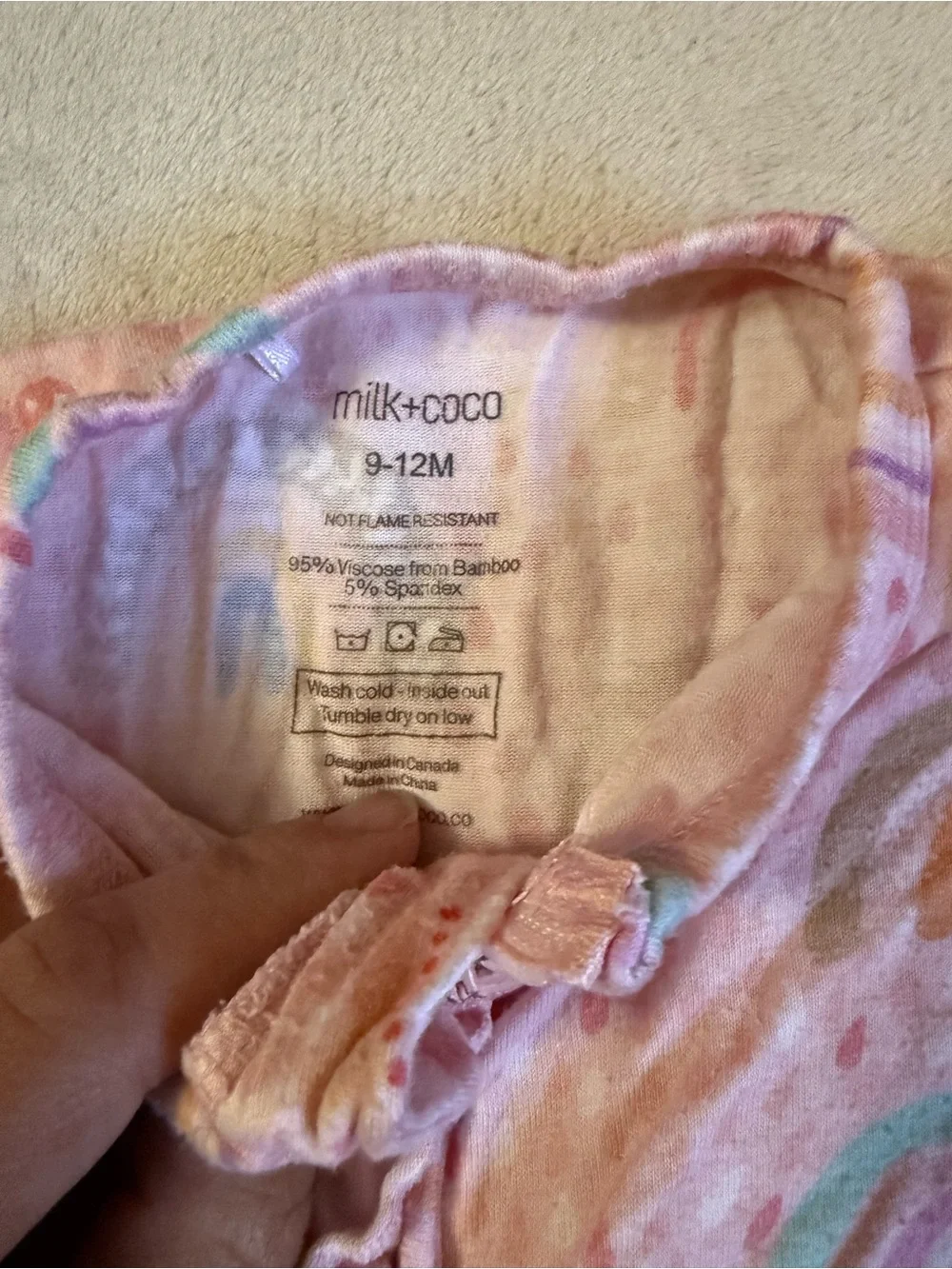 Milk + Coco bamboo footed sleeper in the Rainbow print, 9–12 month